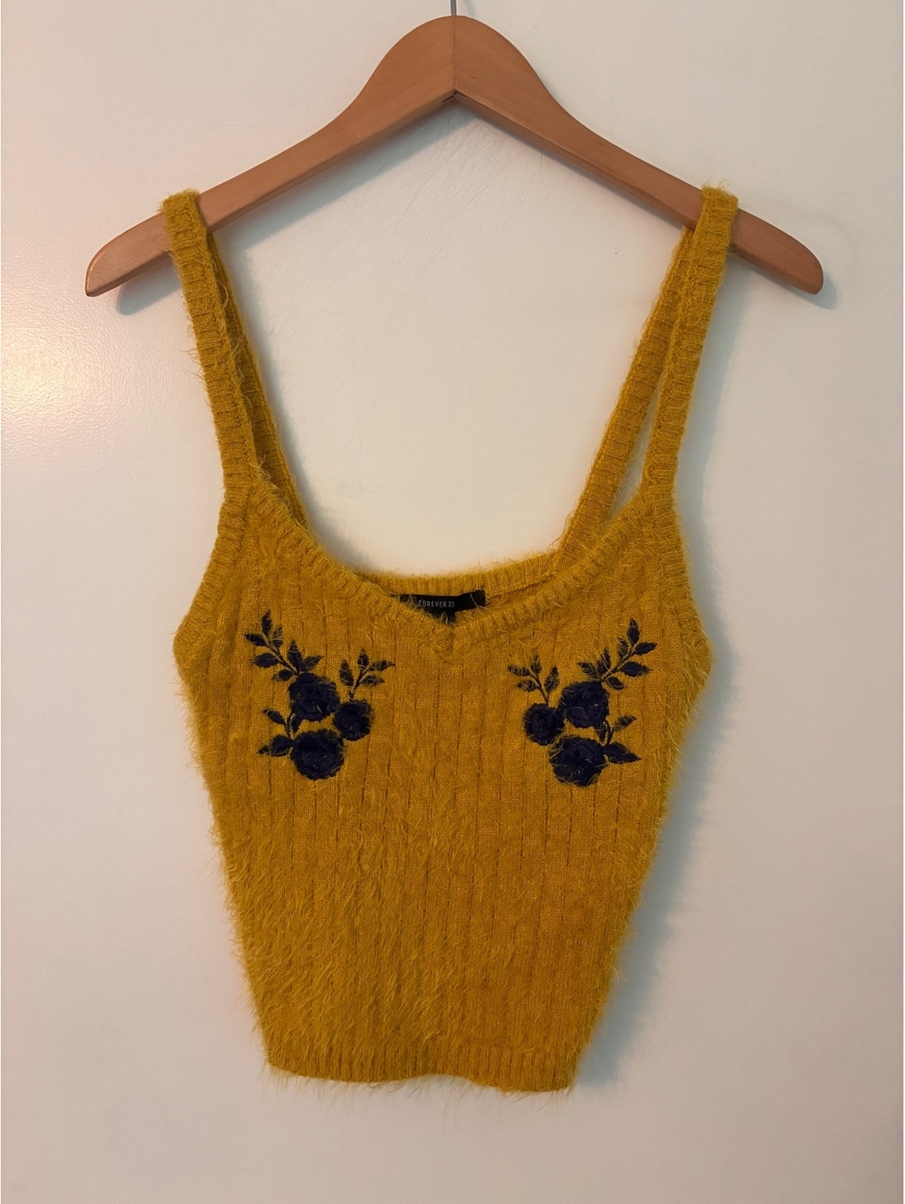 Forever 21 Mustard Fuzzy Knit Floral Embroidered Tank Top Large